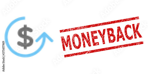 Chargeback halftone dotted icon and Moneyback dirty stamp seal. Stamp seal includes Moneyback tag between parallel lines.