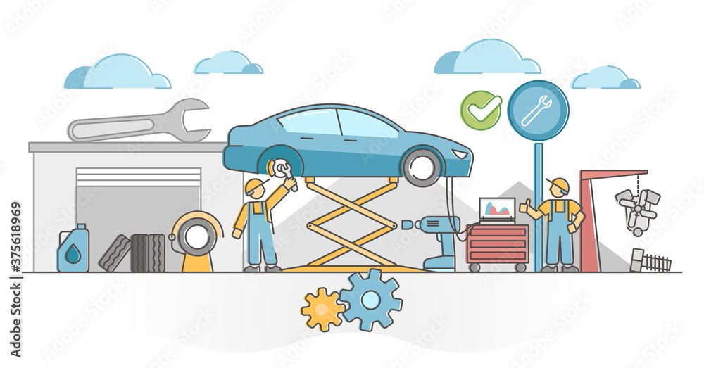 Car service work for vehicles mechanic maintenance and fix outline concept