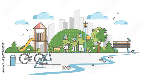 Urban park with city green zone for family nature recreation outline concept