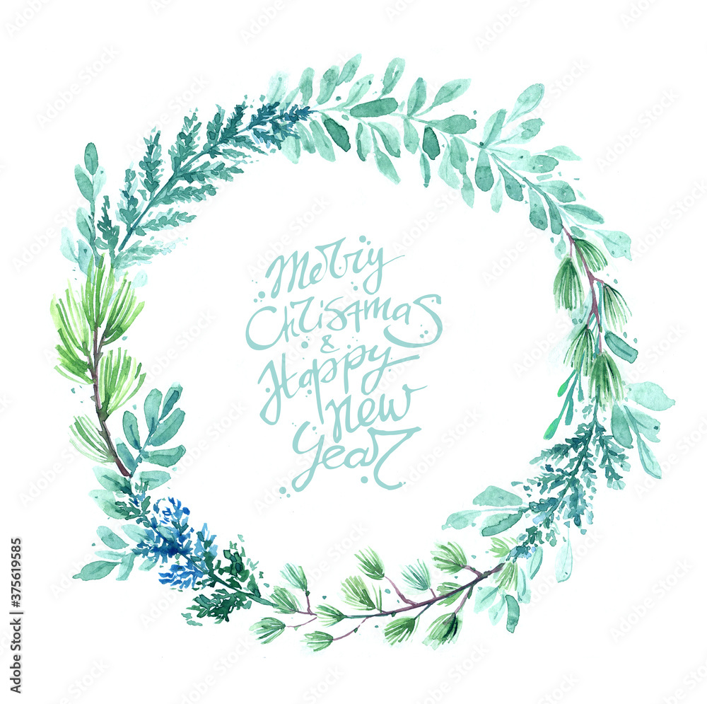 Wreath christmas new year tree pine cedar leaves branches calligraphy lettering winter season blue cold watercolor illustration isolated