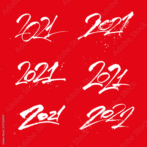 2021 New year calligraphy numbers lettering blob splatter handeritten banner calendar brush vector isolated red white