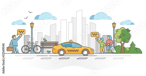Taxi car or cab as passenger and luggage transport in city outline concept