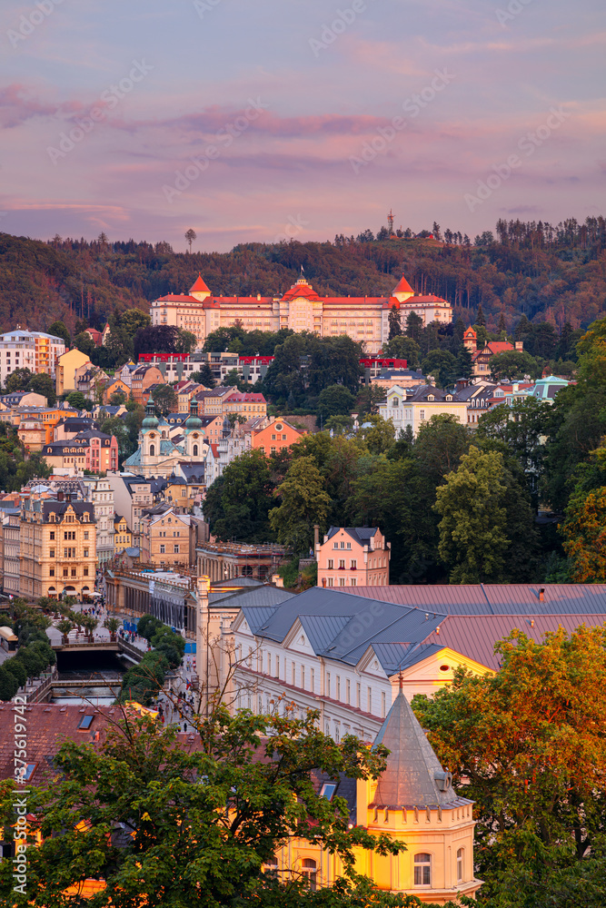 Karlovy Vary, Czech Republic. Aerial image of Karlovy Vary (Carlsbad), located in western Bohemia at beautiful summer sunset.