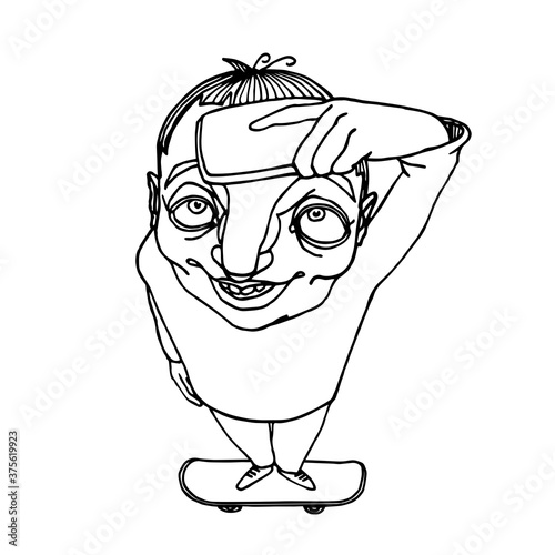 funny smiling happy boy stands on a skateboard & takes a selfie, vector illustration with black ink contour lines isolated on a white background in a hand-drawn style