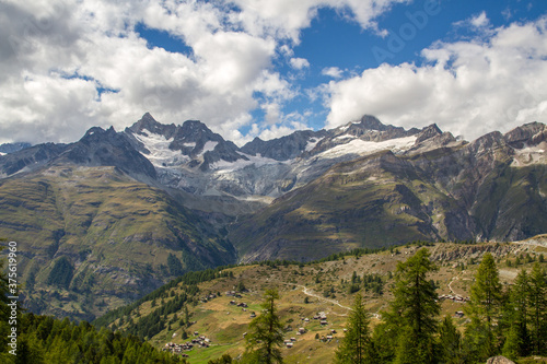 Landscape of Switzerland with mountain range and forest near Zermatt, Valais canton