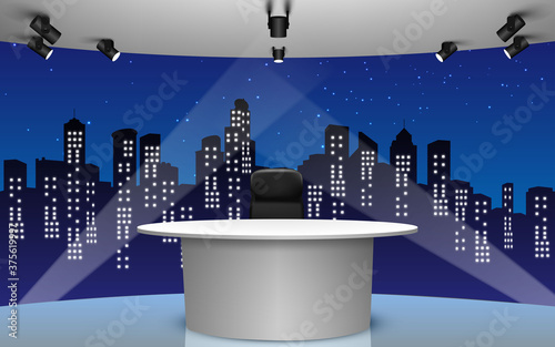 news studio with city in the night background