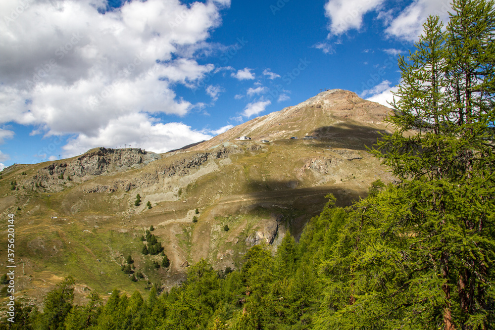 Landscape of Switzerland with mountain range and forest near Zermatt, Valais canton