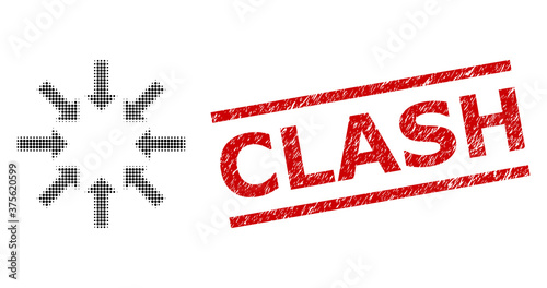 Collapse arrows halftone dotted vector and Clash unclean stamp imitation. Stamp includes Clash text between parallel lines.