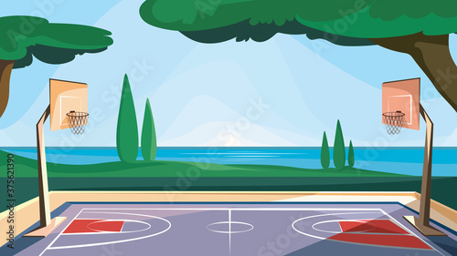 Basketball court by the sea. Outdoor sports ground.