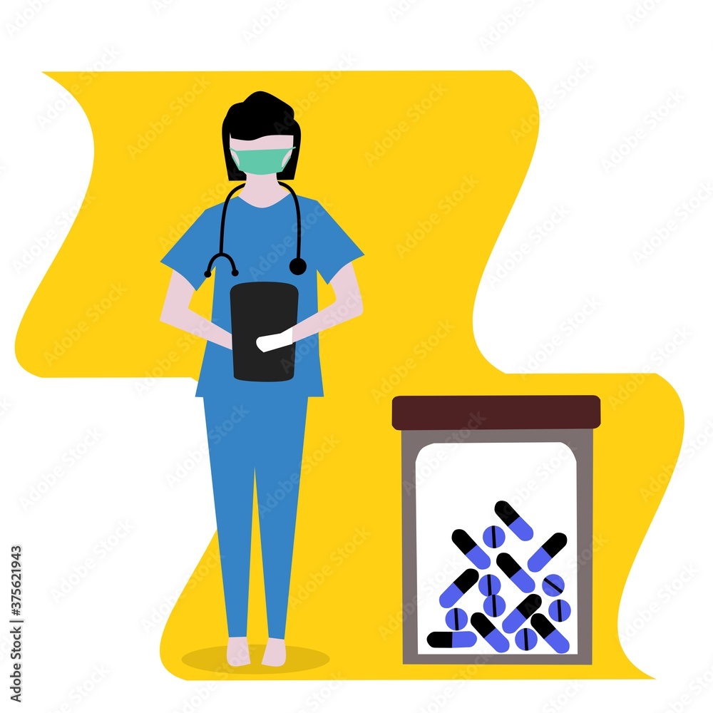 Vector illustration of a doctor with a stethoscope, a medical treatment step for dealing with the corona virus.