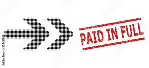Arrow right halftone dotted vector and Paid in Full dirty stamp. Stamp seal includes Paid in Full caption between parallel lines.