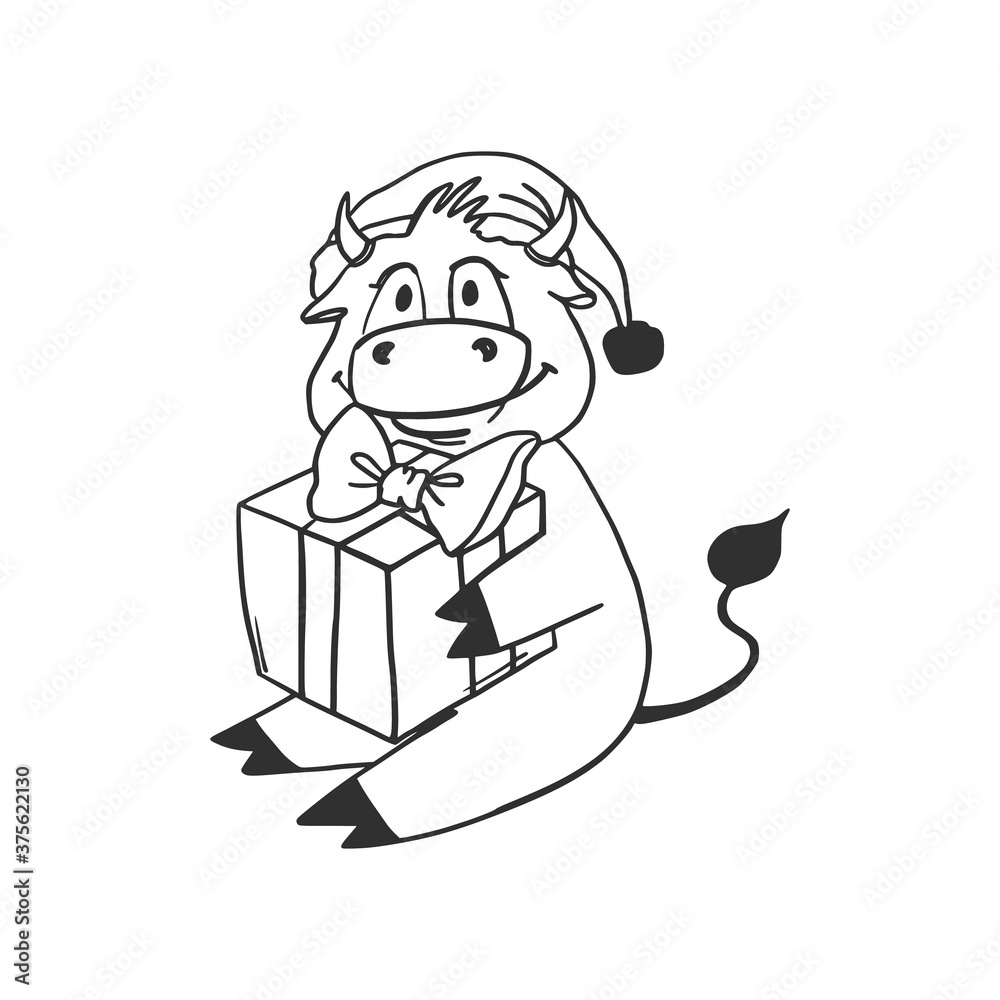 Christmas bull sits with a gift. The cow is the mascot of 2021. Doodle style. Funny character. New Year vector drawing on a white background. For postcards, calendar, invitations Christmas bull sits with a gift. The cow is the mascot of 2021. Doodle style. Funny character. New Year vector drawing on a white background. For postcards, calendar, invitations