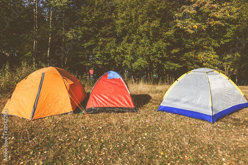 Camping tents at campsite near forest on autumn morning sunny da