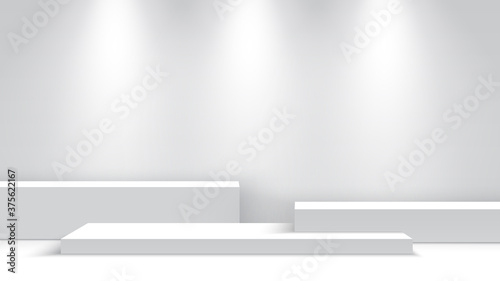 White blank podium with spotlights. Exhibition stand. Pedestal. Scene. Vector illustration.