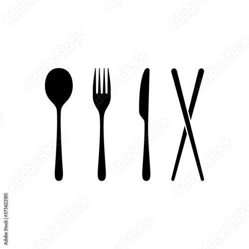 Spoon, fork, knife and chopsticks icon. Chairs accessories. Restaurant concept. Vector on isolated white background. EPS 10