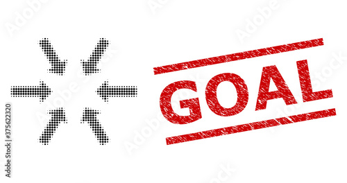 Compact arrows halftone dotted vector and Goal unclean stamp seal. Stamp seal includes Goal title between parallel lines.