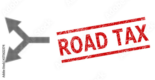 Bifurcation arrow left halftone dotted icon and Road Tax corroded stamp seal. Stamp seal includes Road Tax caption between parallel lines.