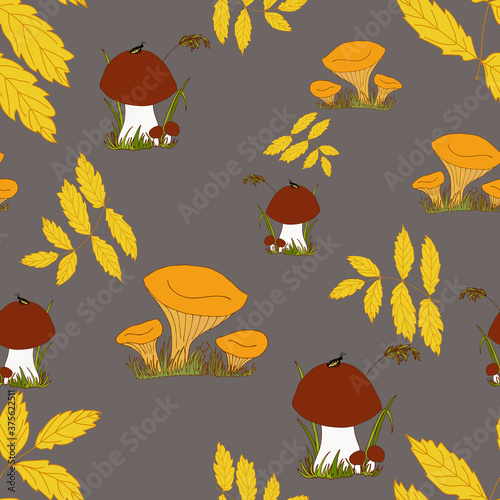 Art & Illustration. Mushroom glade seamless pattern. Colorful mushrooms with yellow leaves on a brown background.