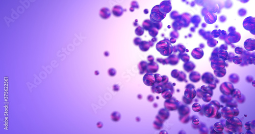 Glowing Textured Spheres Moving In 3D Space, Copy Space With Depth. 3D Illustration Render. Beautiful Abstract And Technology Related CG Backgrounds