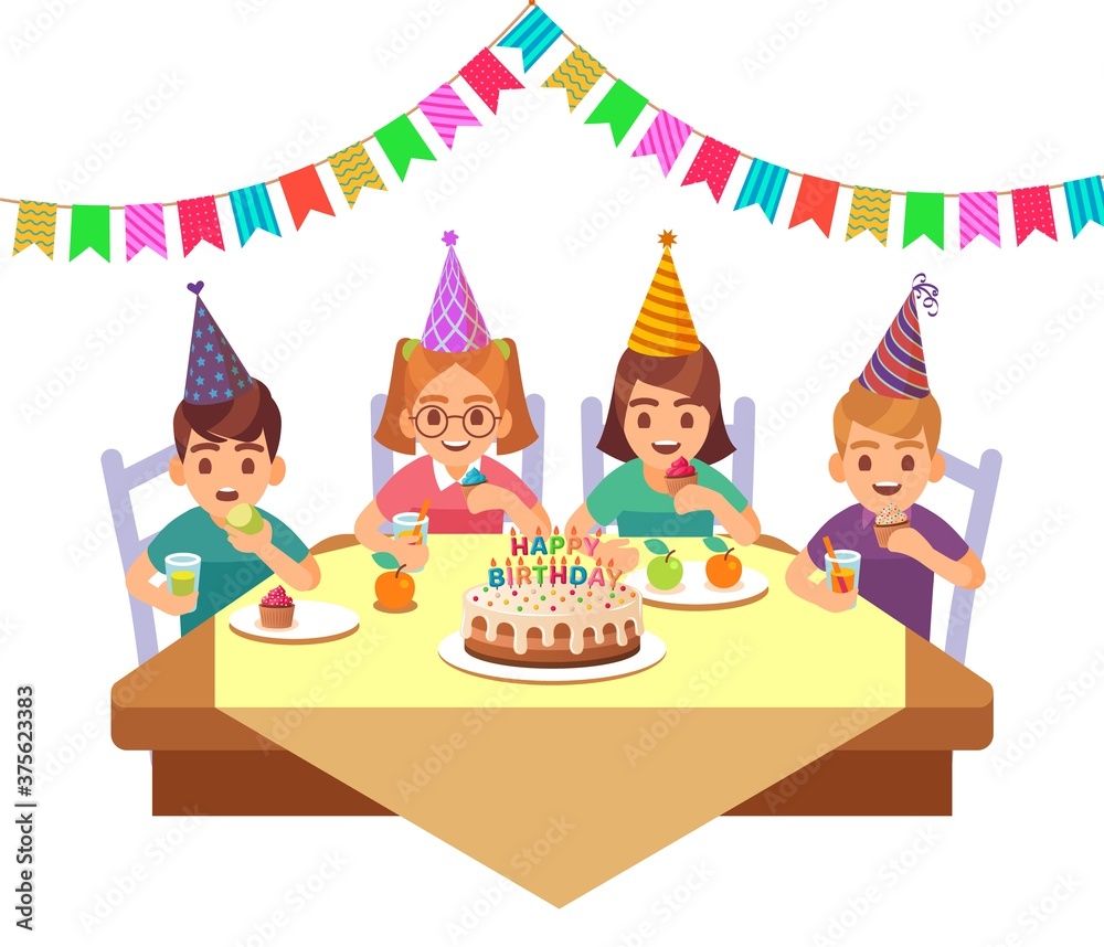 Birthday happy child. Children in fective cone hat eat cake with candles, fruit and drink cocktails together, party celebration in cafe restaurant or home, flat vector cartoon characters Birthday happy child. Children in fective cone hat eat cake with candles, fruit and drink cocktails together, party celebration in cafe restaurant or home, flat vector cartoon characters