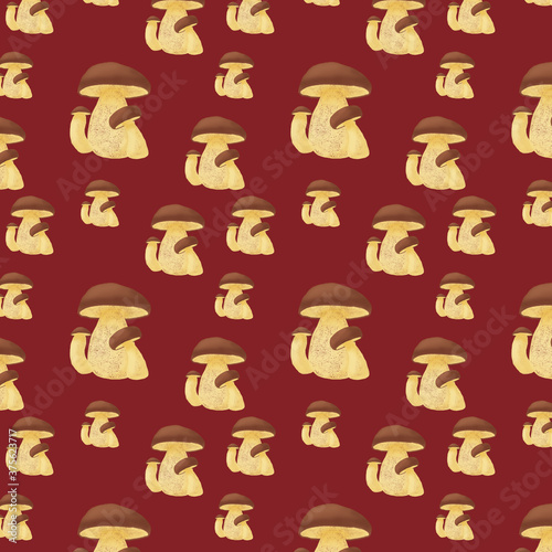 seamless pattern with three mushrooms on a red background