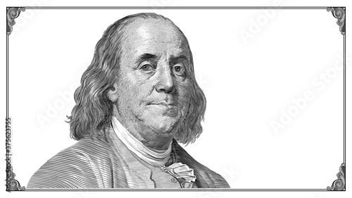 Benjamin Franklin portrait with frame on white background. Vector drawing.