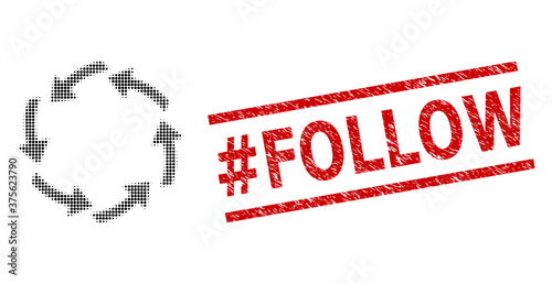 Circulation halftone dotted vector and #Follow grunge stamp seal. Stamp seal includes #Follow text between parallel lines.