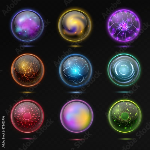 Magic ball. Energy sphere with plasma, glowing crystal orbs, spiritual glass globe occult prediction future with fantasy effects 3d illustration vector isolated set on black