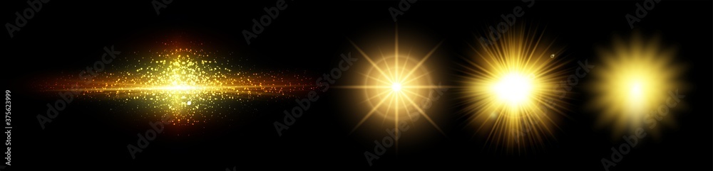 Golden line and sunburst with light effects. Isolated on black background. Bursting rays sunrise firework starburst blast burst sunset starlight ray radiant spark.  Vector yellow shimmer ray. - obrazy, fototapety, plakaty 