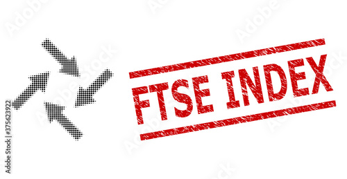 Centripetal arrows halftone dotted icon and Ftse Index scratched stamp. Stamp seal includes Ftse Index title between parallel lines.