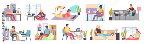 Men and women working home. Distance work in home office people sitting on sofa or armchair with laptop or computer in living room interior freelance concept flat cartoon vector set