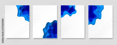 Paper cut banner set. Blue waves vertical abstract background flyers or posters, brochures or invitations. Simple realistic colorful geometric origami design vector collection
