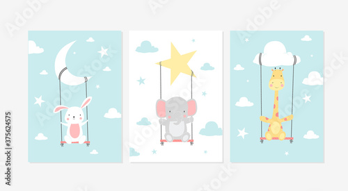 Cute posters with little rabbit, elephant, and giraffe vector prints for baby room, baby shower, greeting card, kids and baby t-shirts, and wear. Hand drawn nursery