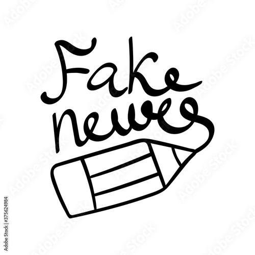 Fake news lettering with pencil. Hand drawn objects isolated on white background. Vector illustration.