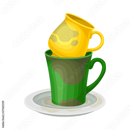 Dirty Utensils and Dishes Piled for Washing Up Vector Illustration