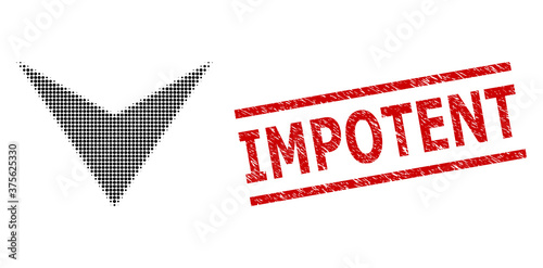 Arrowhead down halftone dotted vector and Impotent dirty stamp. Stamp includes Impotent caption between parallel lines.