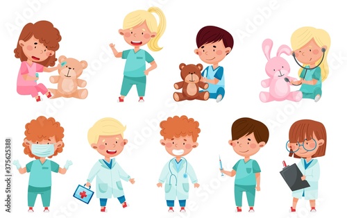 Cheerful Kids in Medical Wear Playing Doctors and Nurses Vector Illustration Set
