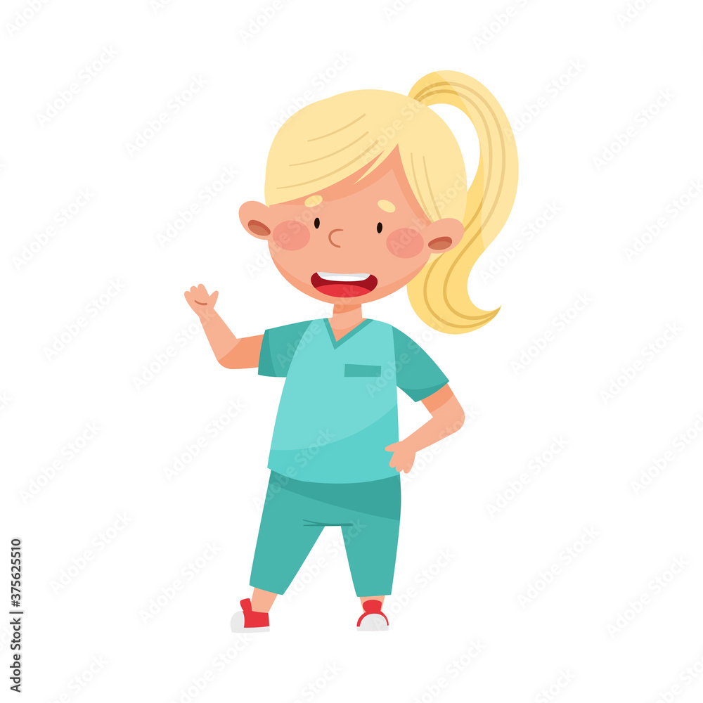 Smiling Girl in Medical Wear Standing and Waving Hand Vector Illustration