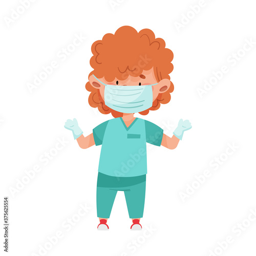 Little Girl in Medical Wear and Face Mask Preparing for Operation Vector Illustration