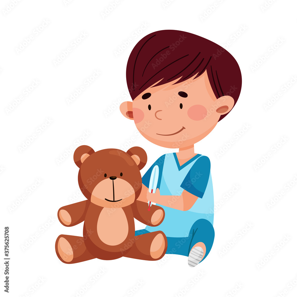 Careful Little Boy in Medical Wear Treating Teddy Bear Vector Illustration Careful Little Boy in Medical Wear Treating Teddy Bear Vector Illustration