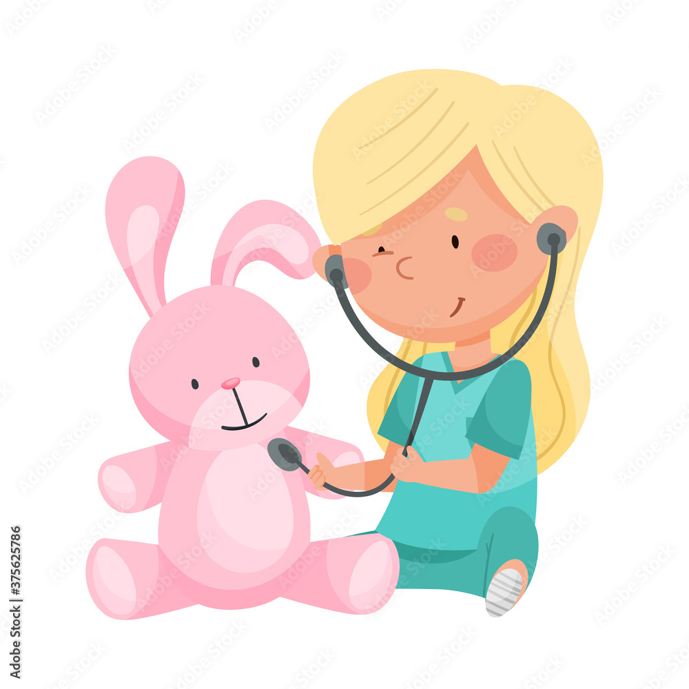 Careful Little Girl in Medical Wear Examining Fluffy Toy Hare with Stethoscope Vector Illustration
