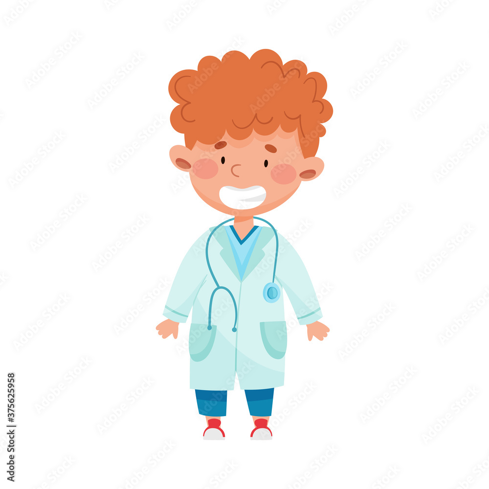 Smiling Boy in Medical Wear Standing with Stethoscope on His Neck Vector Illustration