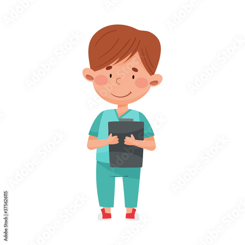 Smiling Boy in Medical Wear Standing and Holding Clip Board Vector Illustration