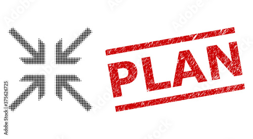 Collide arrows halftone dotted vector and Plan textured seal. Stamp seal includes Plan tag between parallel lines. Collide arrows vector is formed of halftone array which contains circle points.