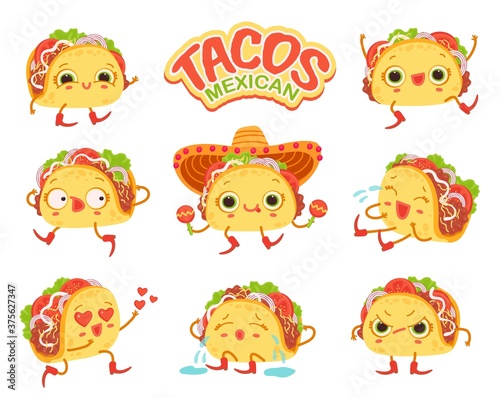 Set of vector isolated cartoon illustration taco characters with different emotions