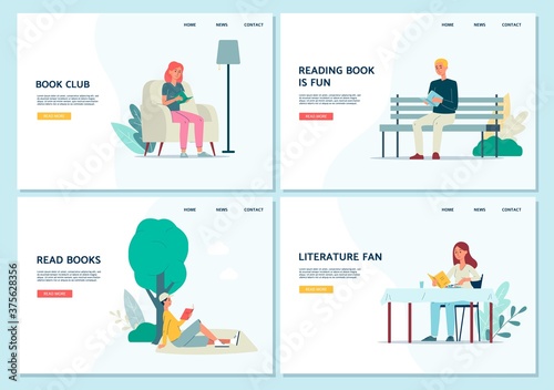 Set of web banners for reading club and literature fans vector illustration.