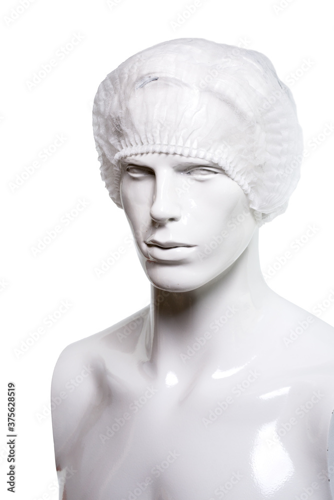 Cuffia plissè monoutile in tnt su un busto di un manichino Cuffia plissè monoutile in tnt su un busto di un manichino