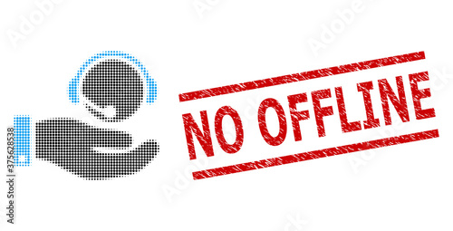 Call center service halftone dotted icon and No Offline grunge stamp seal. Stamp seal includes No Offline tag between parallel lines.