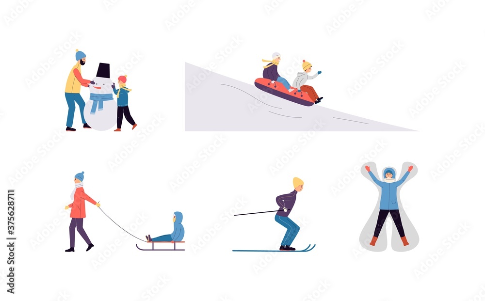 A set of flat vector isolated illustrations of outdoor activity in the winter season