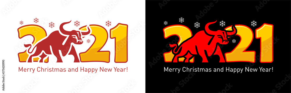 Fototapeta premium 2021 year Logo design. Chinese new year of ox. Metal ox horoscope sign. New year symbol. Flat vector Ox sign isolated on transparent and black background